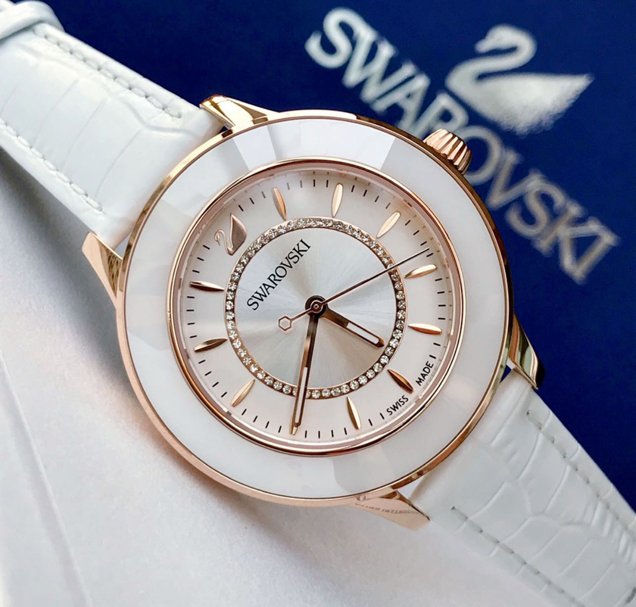 Swarovski Octea Lux White Dial White Leather Strap Watch for Women - 5414416 Watches Swarovski   