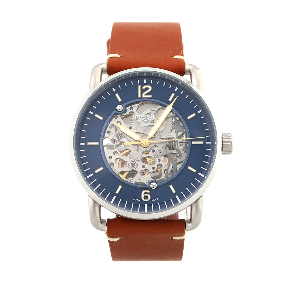 Fossil Commuter Automatic Skeleton Blue Dial Brown Leather Strap Watch for Men - ME3159 Watches Fossil   