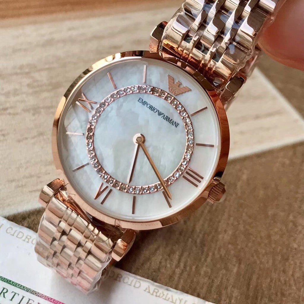 Emporio Armani Gianni T Bar Mother of Pearl Rose Gold Stainless Steel Strap Watch For Women - AR1909 Watches Emporio Armani   