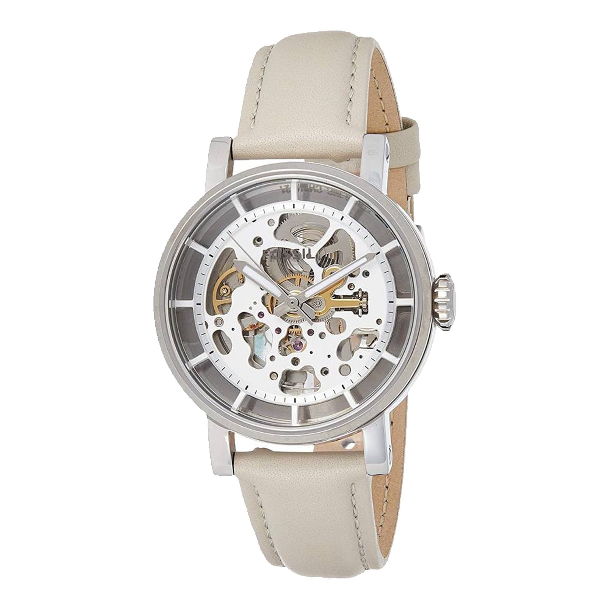 Fossil Boyfriend Automatic Skeleton Silver Dial White Leather Strap Watch for Women - ME3069 Watches Fossil   