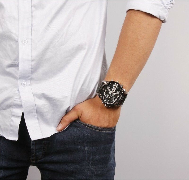 Diesel Mr Daddy Black Dial Black Leather Strap Watch For Men - DZ7313 Watches Diesel   