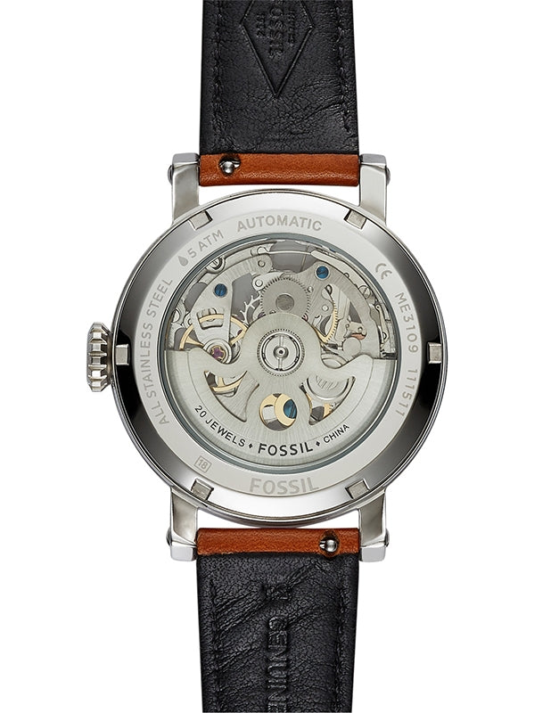 Fossil Boyfriend Automatic Skeleton Silver Dial Brown Leather Strap Watch for Women - ME3109 Watches Fossil   