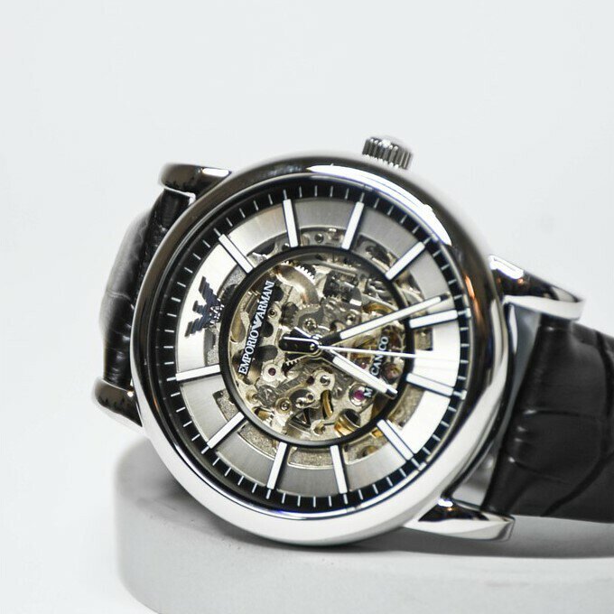 Emporio Armani Luigi Silver Skeleton Dial Black Leather Strap Watch For Men - AR1981 Watches Emporio Armani   