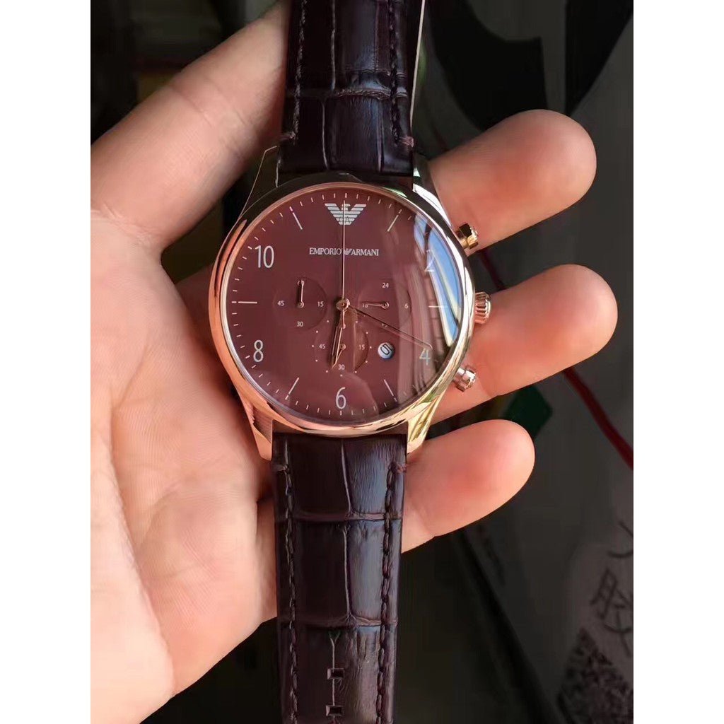 Emporio Armani Classic Chronograph Burgundy Dial Brown Leather Strap Watch For Men - AR1890 Watches Emporio Armani   