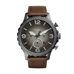 Fossil Nate Chronograph Grey Dial Brown Leather Strap Watch for Men - JR1424 Watches Fossil   
