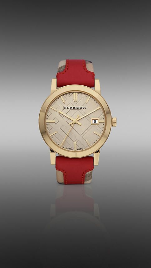 Burberry The City Gold Dial Maroon Leather Strap Watch for Women - BU9017 Watches Burberry   