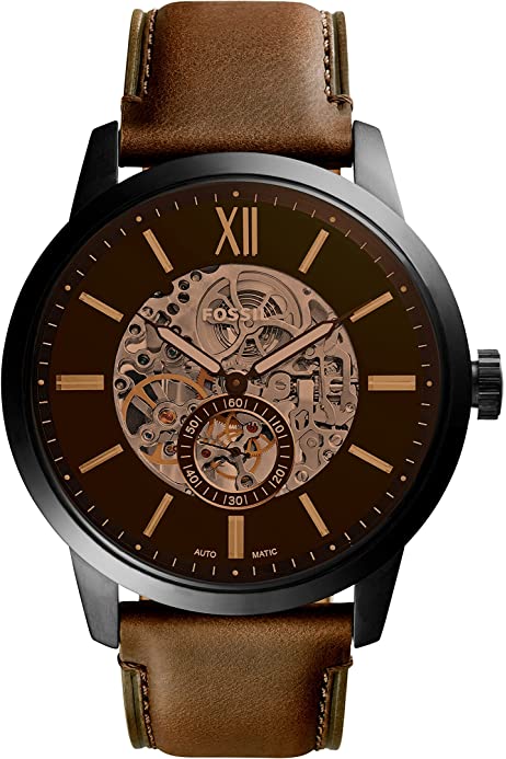 Fossil Townsman Automatic Skeleton Black Dial Brown Leather Strap Watch for Men - ME3181 Watches Fossil   