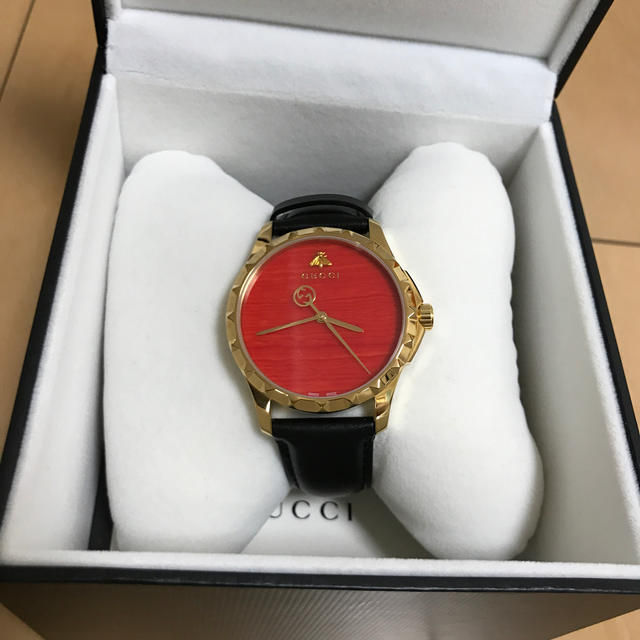 Gucci G Timeless Coral Red Dial Black Leather Strap Watch For Men - YA126464 Watches Gucci   