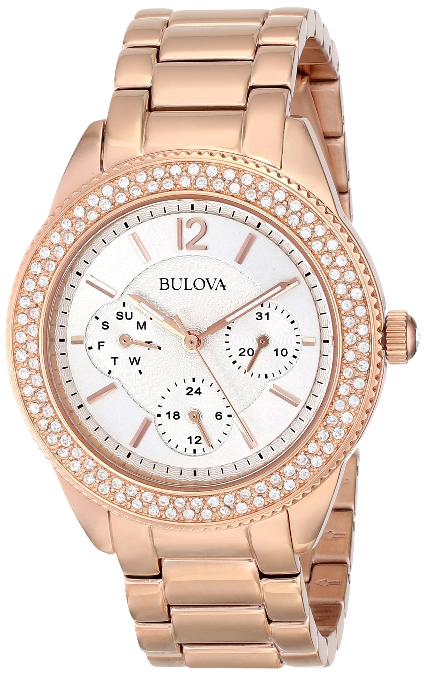 Bulova Crystal Silver Dial Rose Gold Steel Strap Watch for Women - 97N101 Watches Bulova   