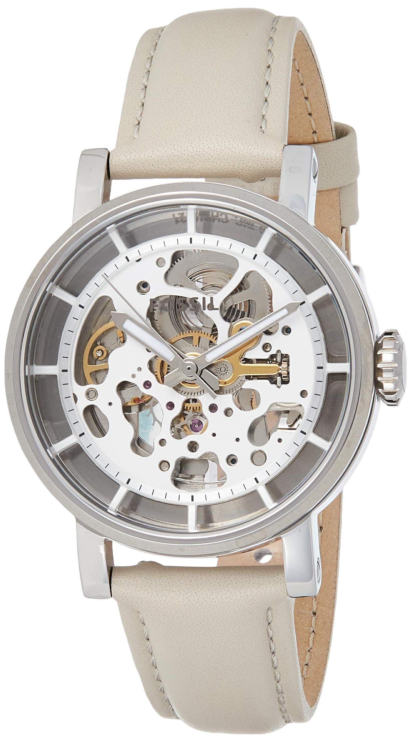 Fossil Boyfriend Automatic Skeleton Silver Dial White Leather Strap Watch for Women - ME3069 Watches Fossil   