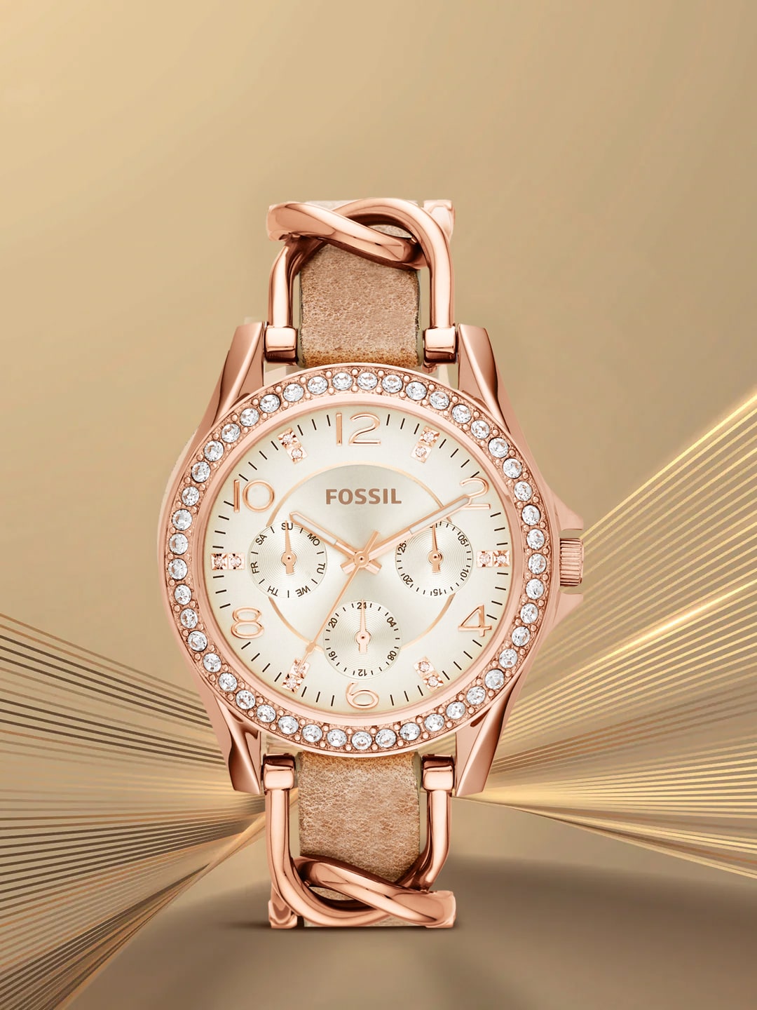 Fossil Riley White Dial Sand Leather Strap Watch for Women - ES3466 Watches Fossil   