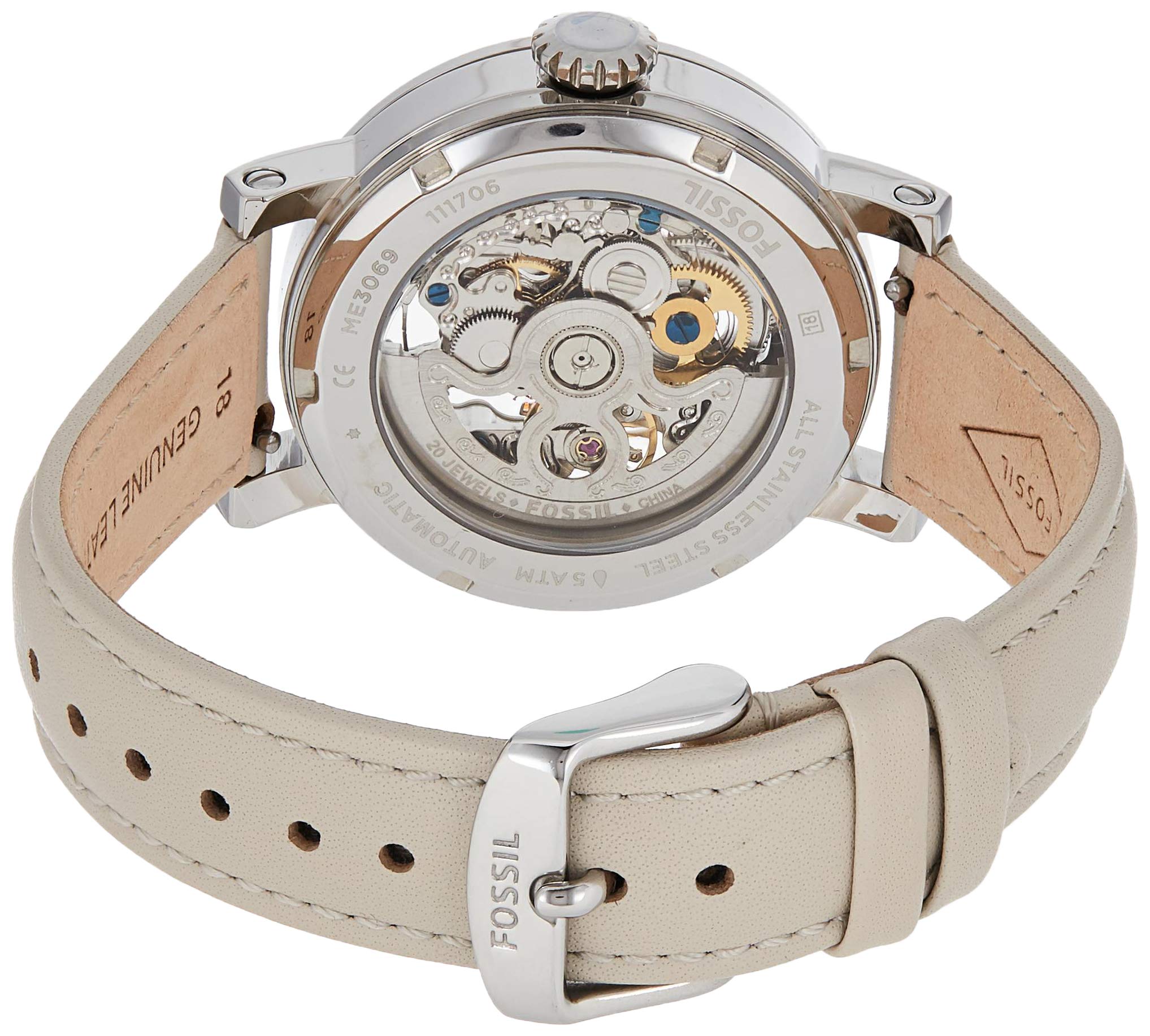 Fossil Boyfriend Automatic Skeleton Silver Dial White Leather Strap Watch for Women - ME3069 Watches Fossil   