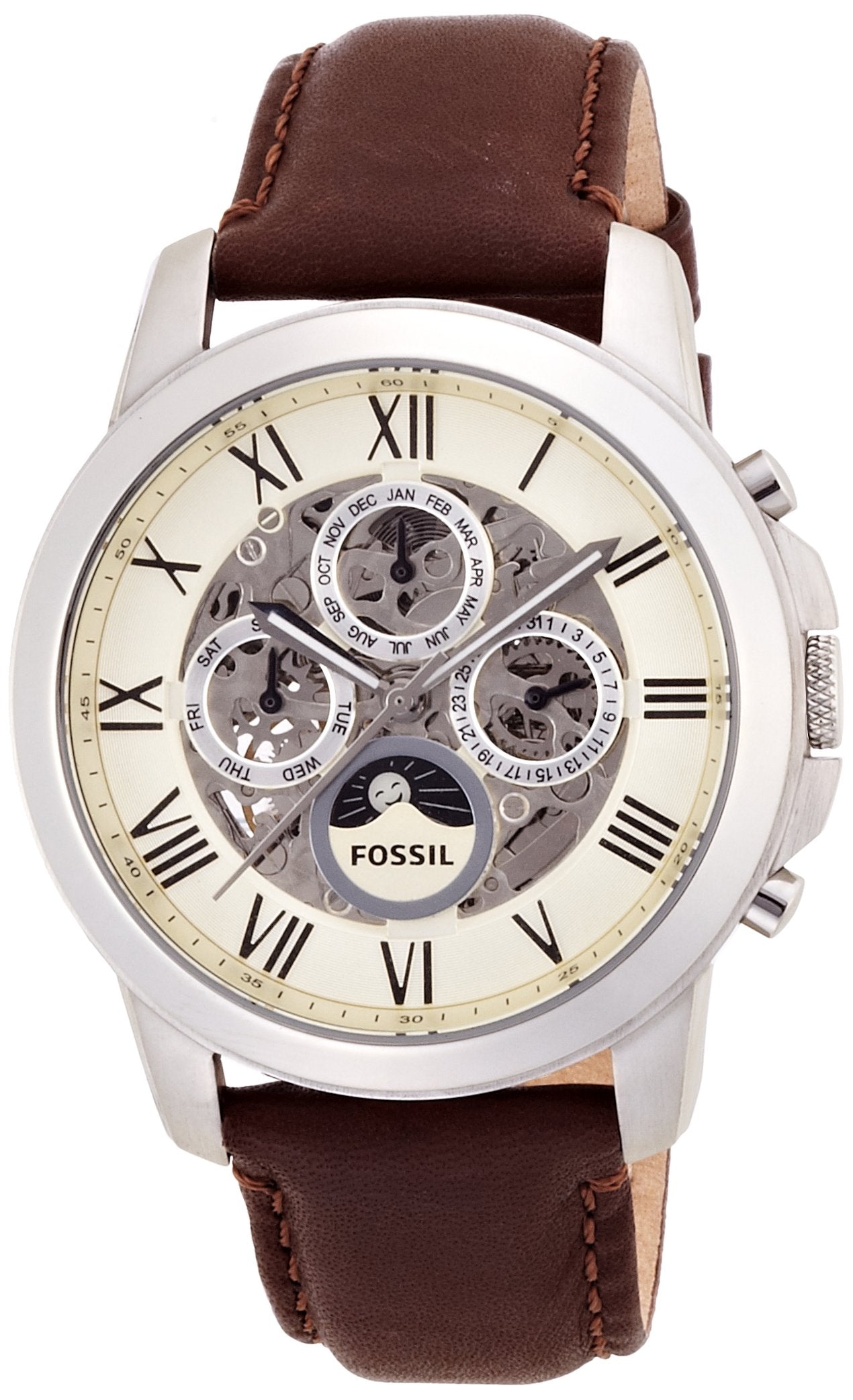 Fossil Grant Automatic White Dial Brown Leather Strap Watch for Men -  ME3027 Watches Fossil   