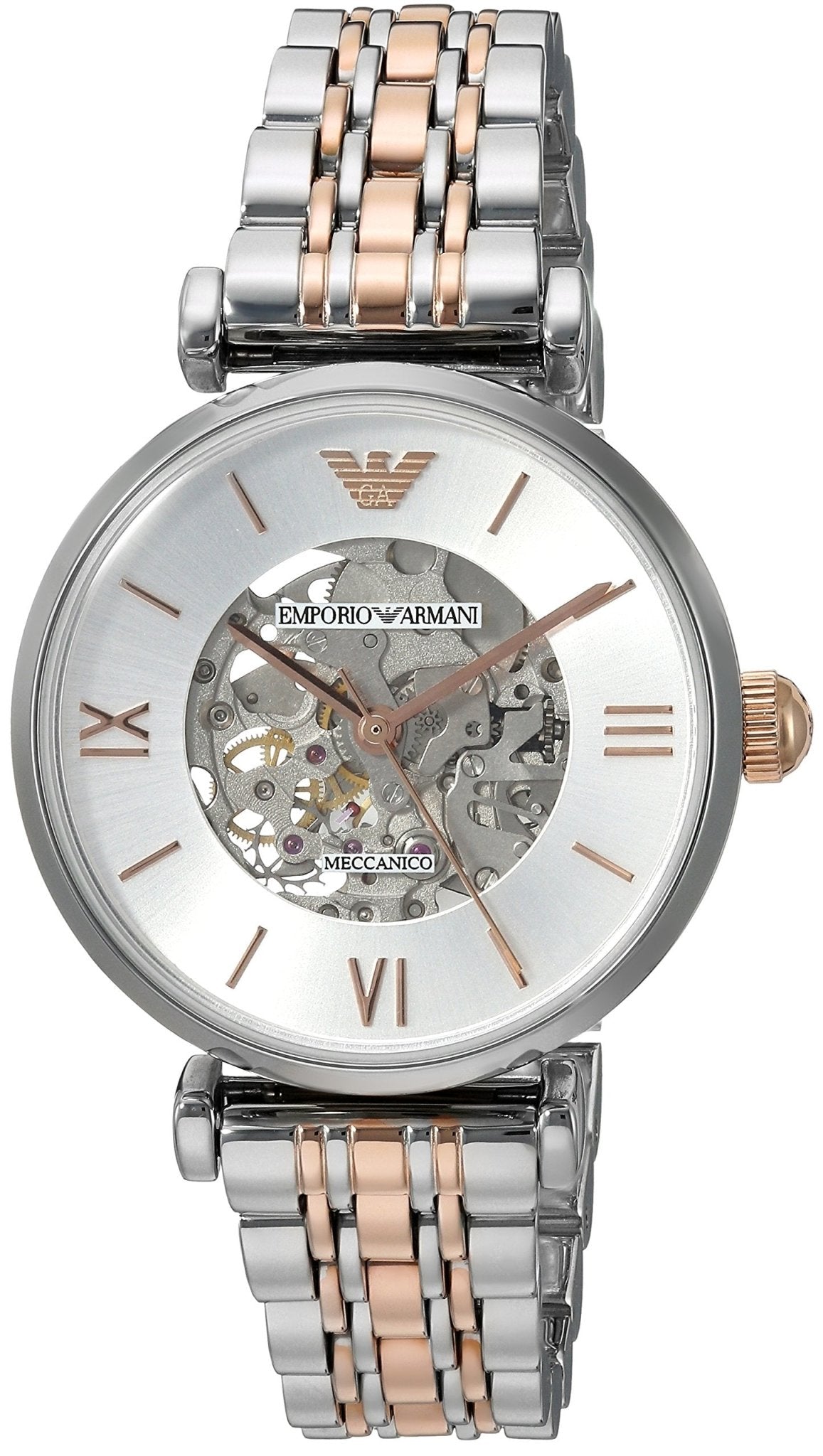 Emporio Armani Gianni T Bar Silver Skeleton Dial Two Tone Strap Watch For Women - AR1992 Watches Emporio Armani   