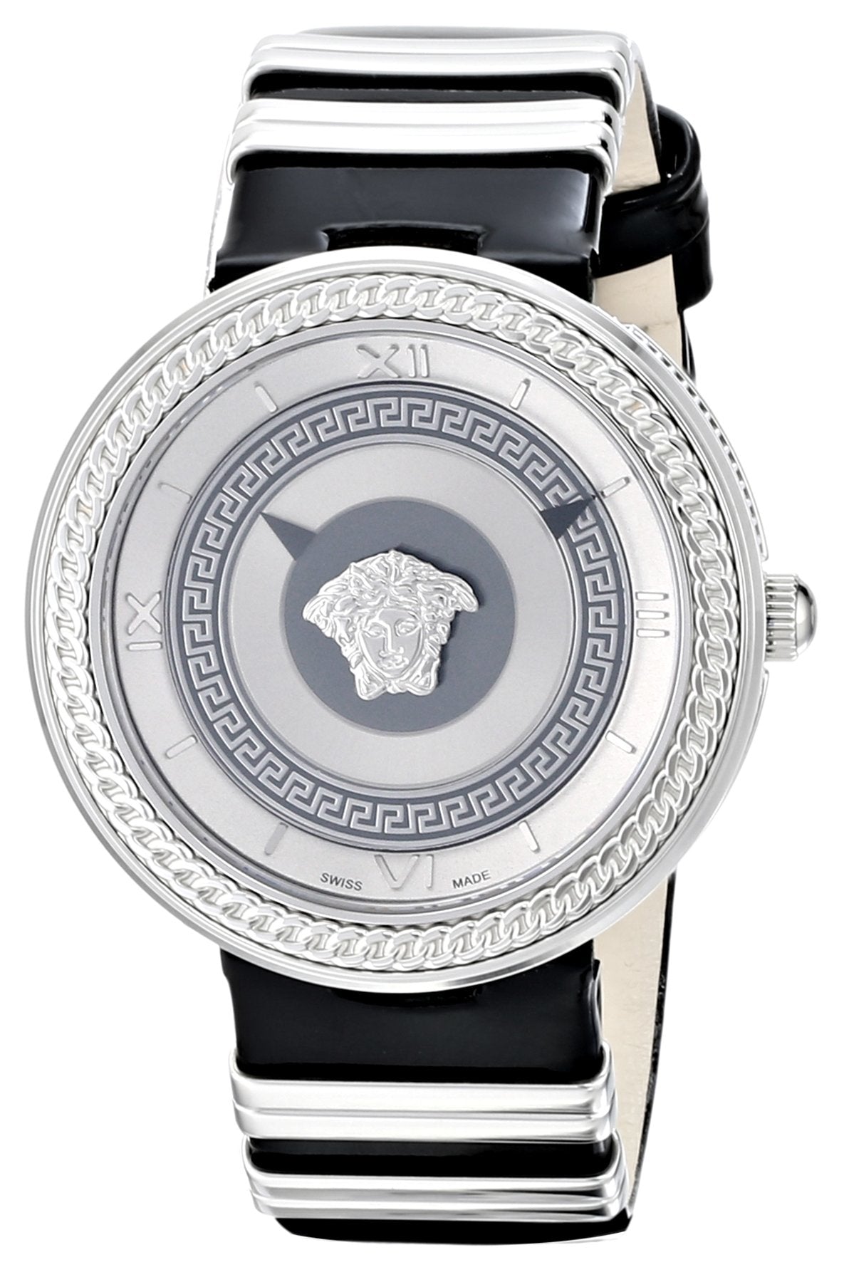 Versace V Metal Icon Silver Dial Black & Silver Strap Watch for Women - VLC010014 Watches Versace   