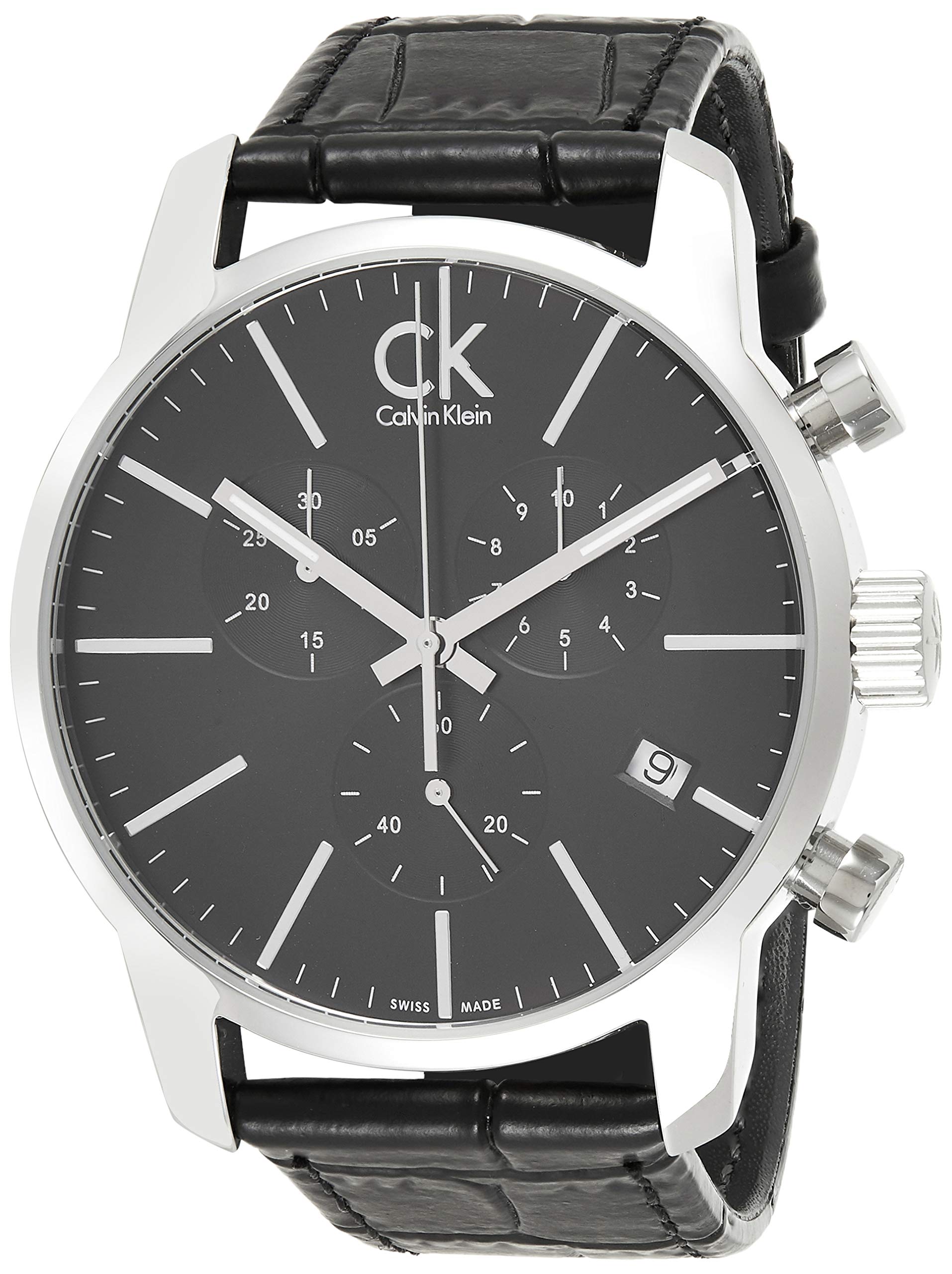 Calvin Klein City Chronograph Black Dial Black Leather Strap Watch for Men - K2G271C3 Watches Calvin Klein   