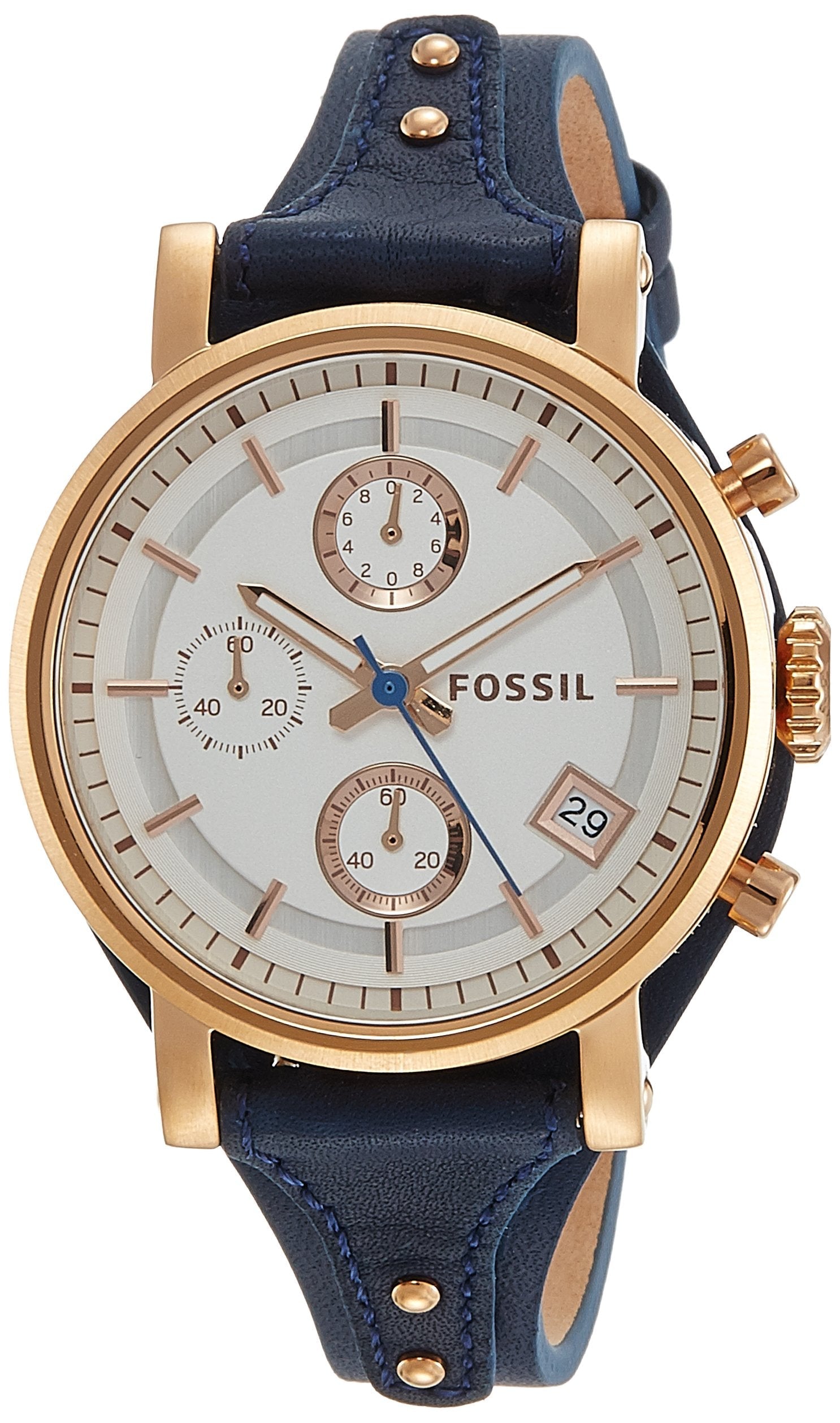 Fossil Original Boyfriend Chronograph White Dial Navy Blue Leather Strap Watch for Women - ES3838 Watches Fossil   