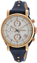 Fossil Original Boyfriend Chronograph White Dial Navy Blue Leather Strap Watch for Women - ES3838 Watches Fossil   