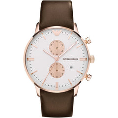 Emporio Armani Gianni Classic Chronograph White Dial Brown Leather Strap Watch For Men - AR0398 Watches Emporio Armani   