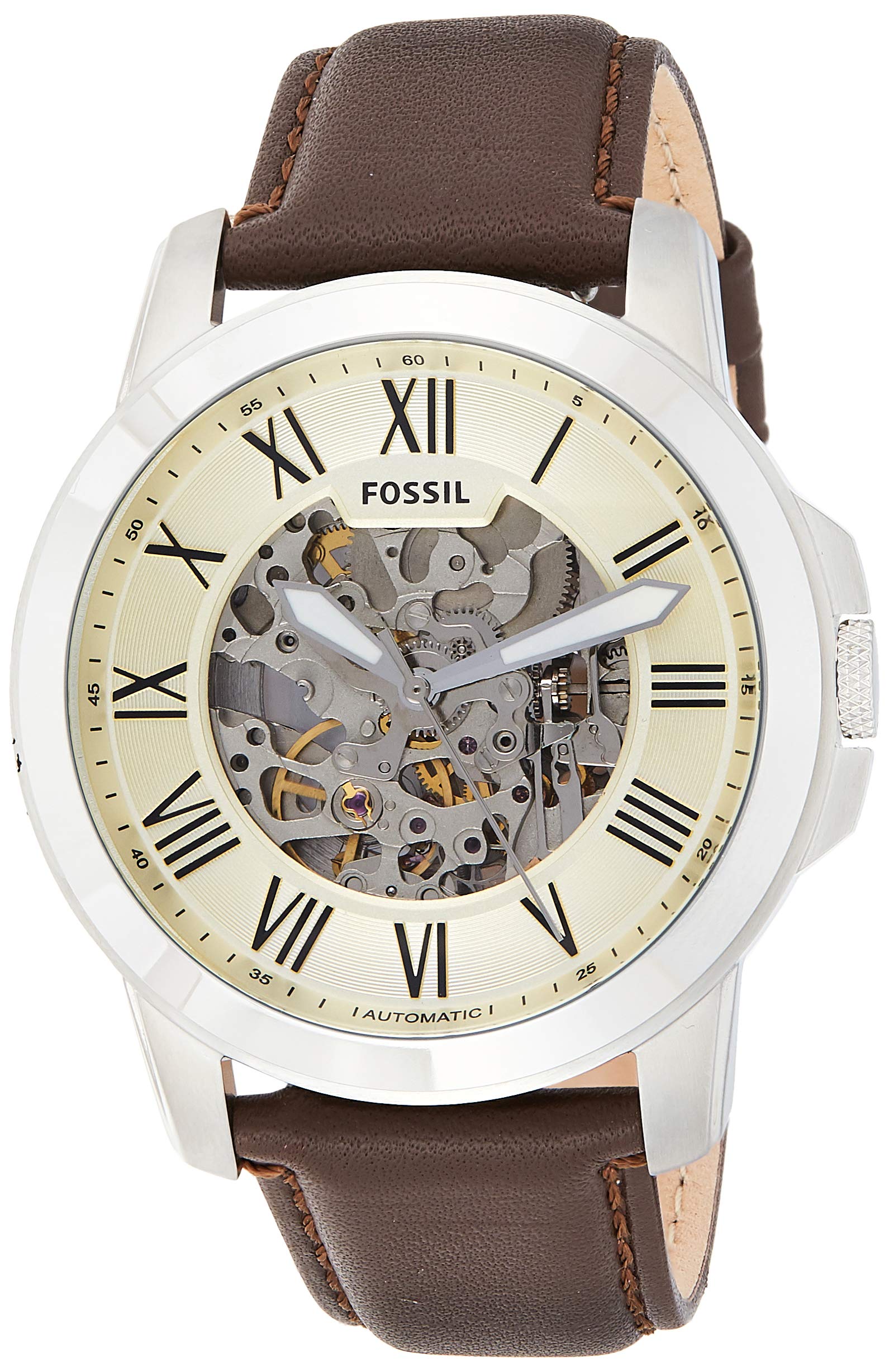 Fossil Grant Automatic White Dial Brown Leather Strap Watch for Men - ME3052 Watches Fossil   