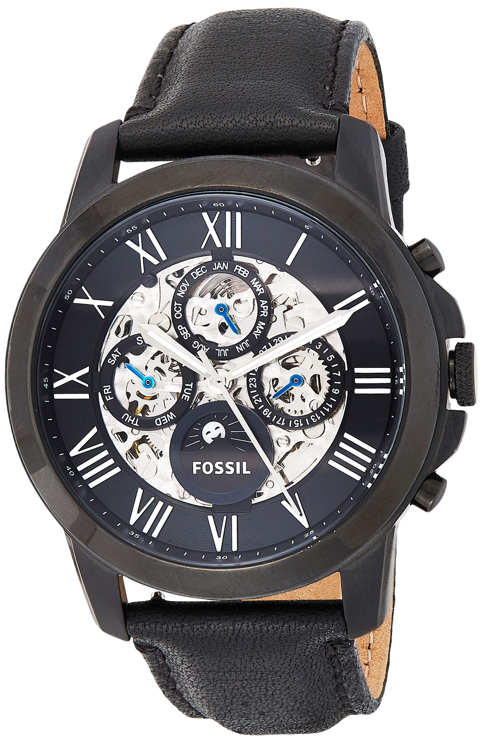 Fossil Grant Automatic Black Dial Black Leather Strap Watch for Men - ME3028 Watches Fossil   