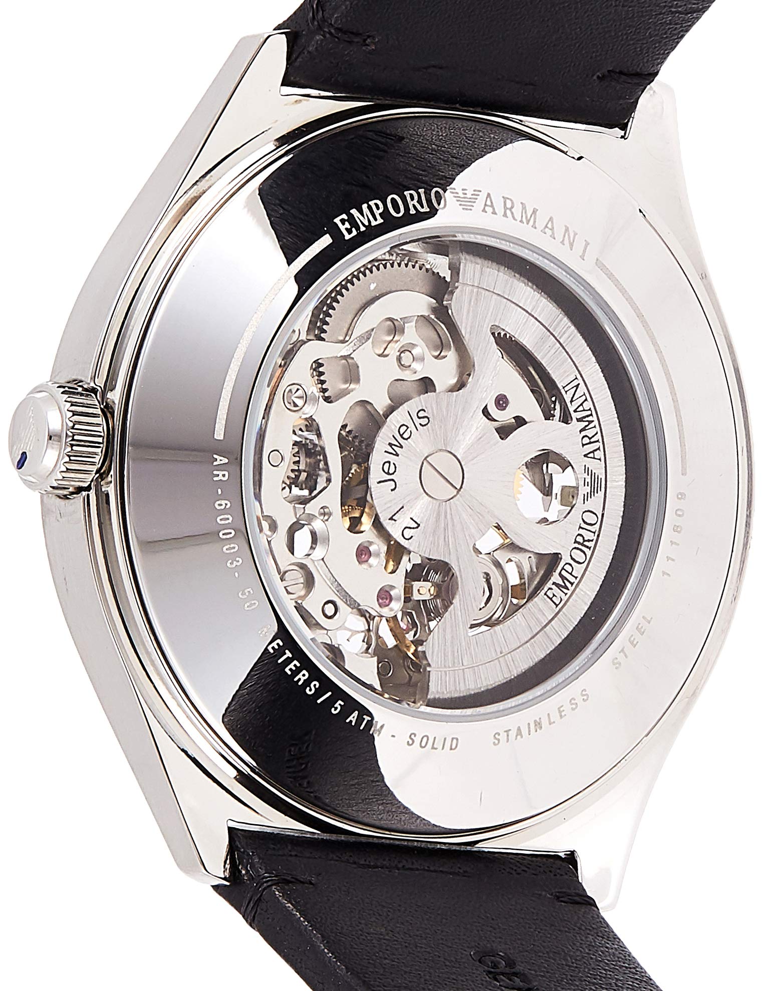 Emporio Armani Meccanico White Skeleton Dial Black Leather Strap Watch For Men - AR60003 Watches Emporio Armani   