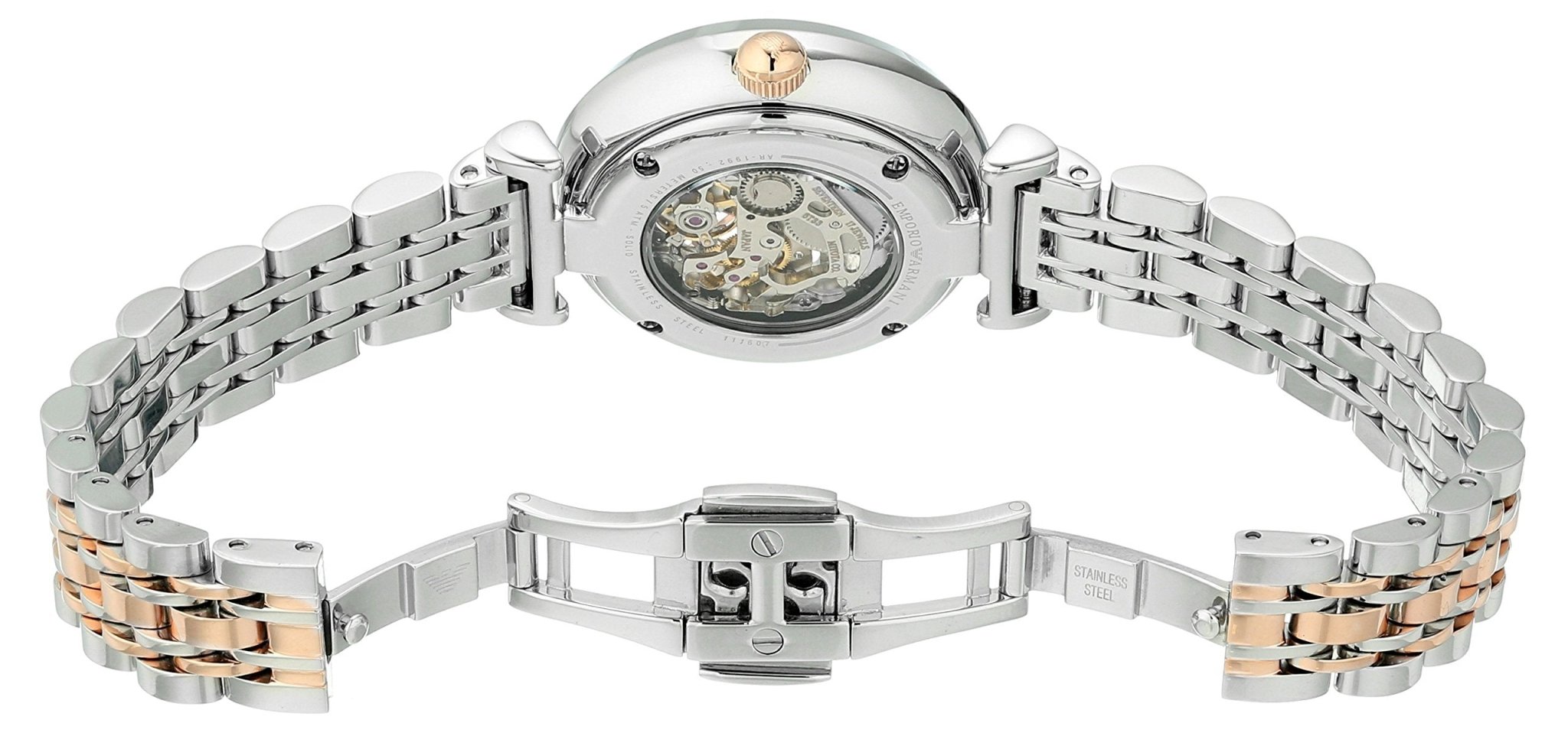 Emporio Armani Gianni T Bar Silver Skeleton Dial Two Tone Strap Watch For Women - AR1992 Watches Emporio Armani   