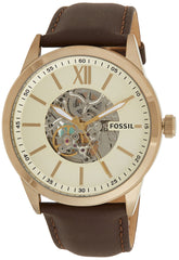 Fossil Flynn Mechanical Skeleton Champagne Dial Brown Leather Strap Watch for Men - BQ2215 Watches Fossil   