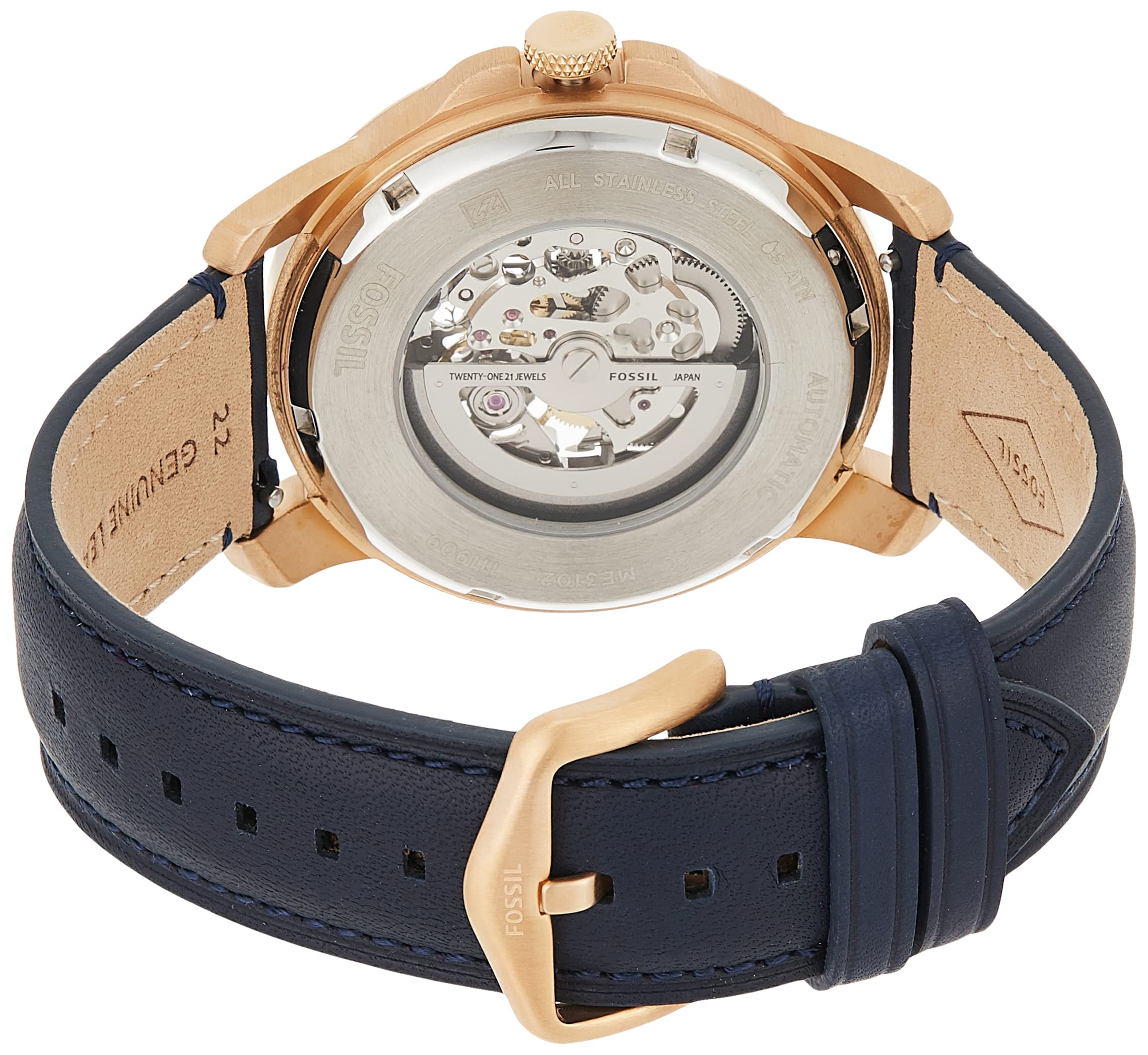 Fossil Grant Automatic Skeleton Navy Blue Dial Navy Blue Leather Strap Watch for Men - ME3102 Watches Fossil   