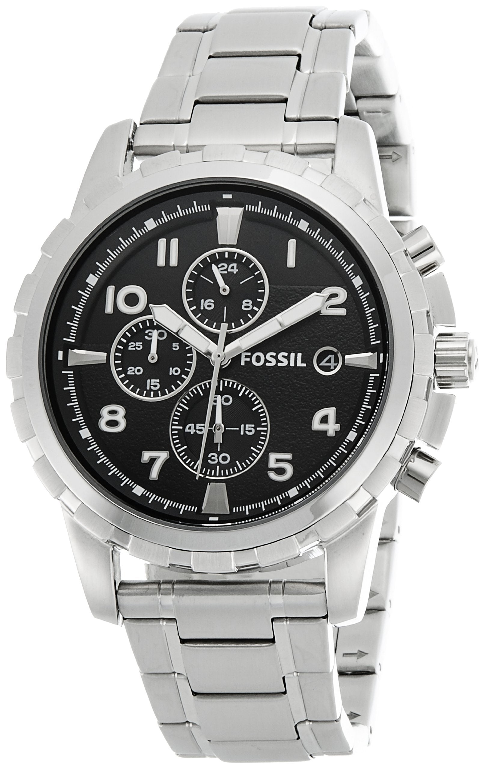 Fossil Dean Chronograph Black Dial Silver Steel Strap Watch for Men - FS4542 Watches Fossil   