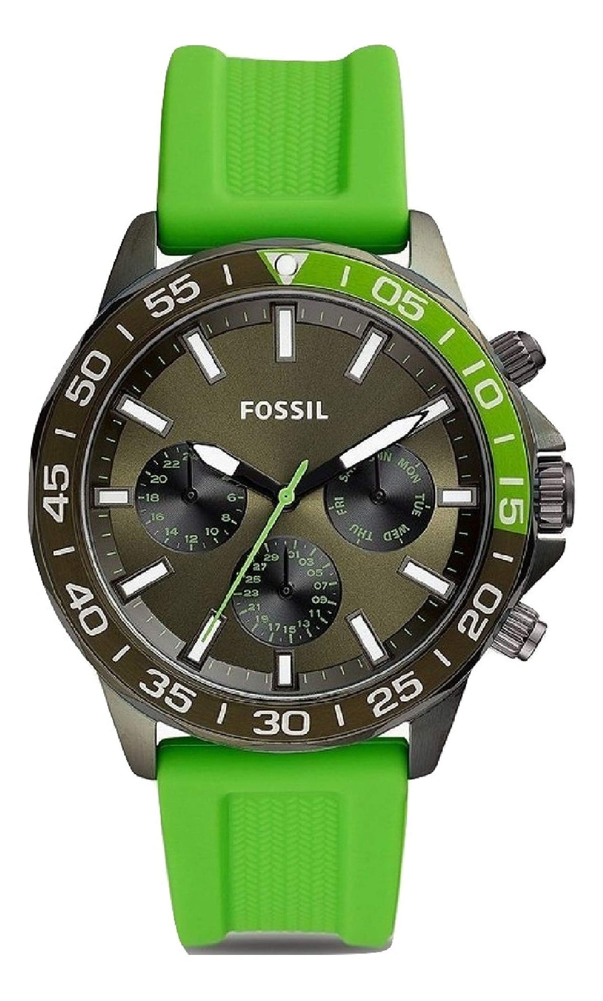 Fossil Bannon Chronograph Grey Dial Green Silicone Strap Watch for Men - BQ2501 Watches Fossil   