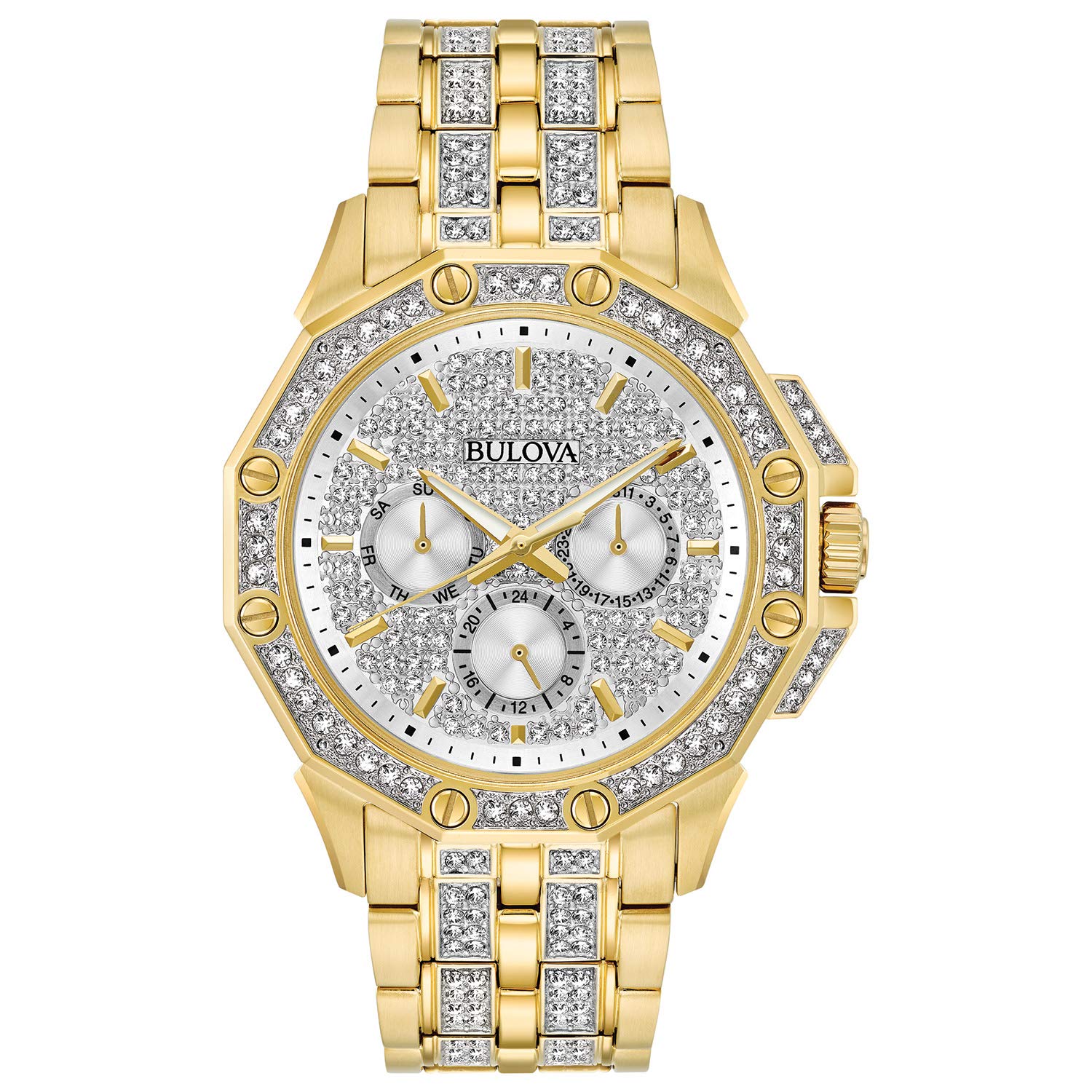 Bulova Crystal Collection Octova White Dial Gold Steel Strap Watch for Men - 98C126 Watches Bulova   