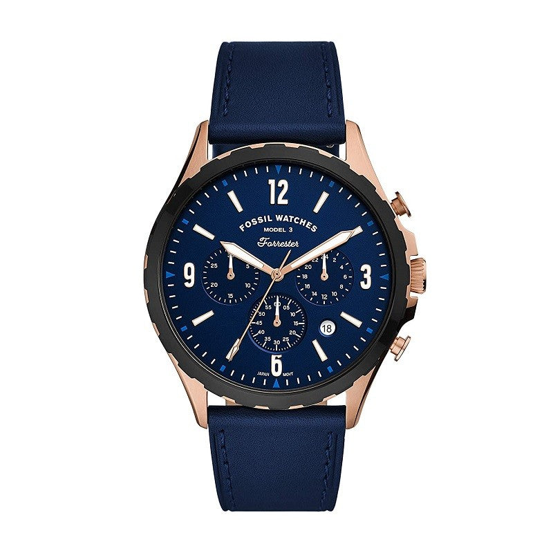 Fossil Forrester Chronograph Blue Dial Blue Leather Strap Watch for Men - FS5814 Watches Fossil   