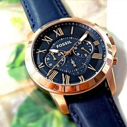 Fossil Grant Chronograph Blue Dial Blue Leather Strap Watch for Men - FS4835 Watches Fossil   