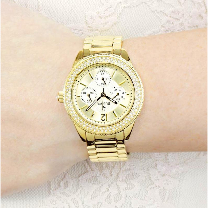 Bulova Multi Function Gold Dial Gold Steel Strap Watch for Women - 97N102 Watches Bulova   