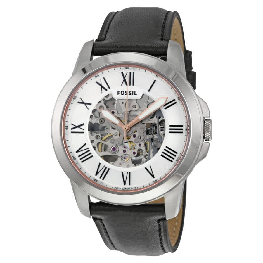 Fossil Grant Automatic Skeleton White Dial Black Leather Strap Watch for Men - ME3101 Watches Fossil   