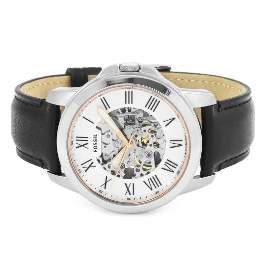 Fossil Grant Automatic Skeleton White Dial Black Leather Strap Watch for Men - ME3101 Watches Fossil   