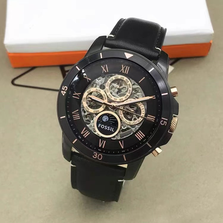 Fossil Grant Sport Automatic Skeleton Black Dial Black Leather Strap Watch for Men - ME3138 Watches Fossil   