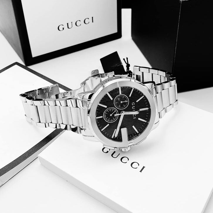 Gucci G Chrono Black Dial Silver Steel Strap Watch For Men - YA101204 Watches Gucci   