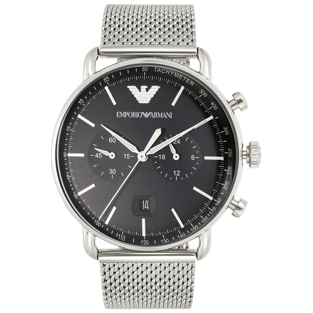 Emporio Armani Chronograph Black Dial Silver Mesh Bracelet Watch For Men - AR11104 Watches Emporio Armani   