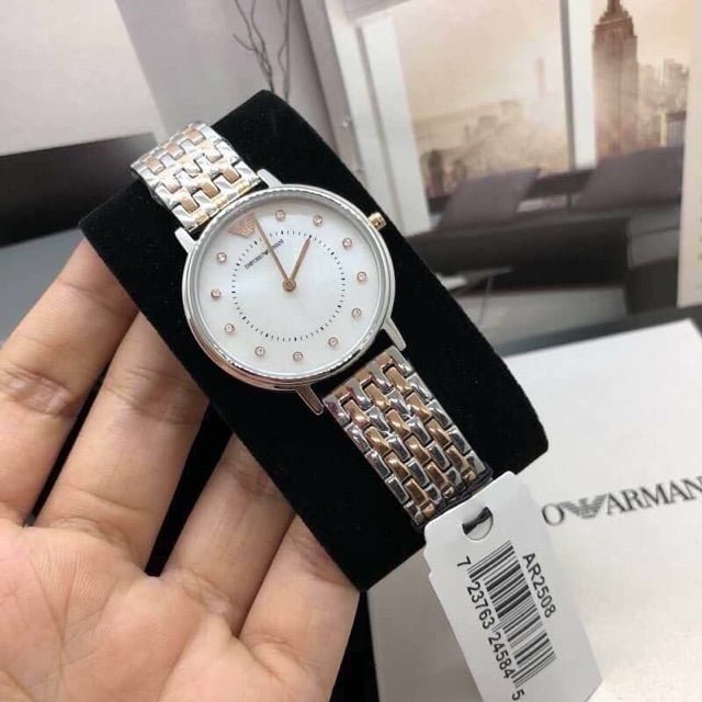 Emporio Armani Gianni T Bar Mother of Pearl Dial Two Tone Stainless Steel Strap Watch For Women - AR2508 Watches Emporio Armani   