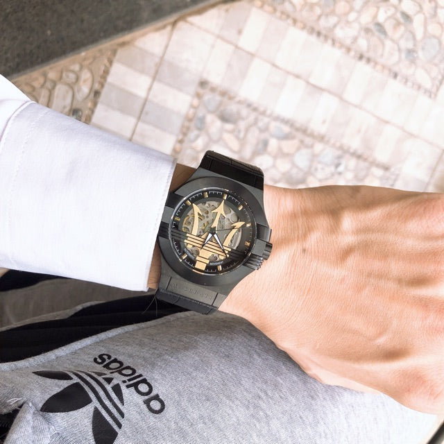 Maserati Potenza Skeleton Limited Edition Black Dial Black Leather Strap Watch For Men - R8821108027 Watches Maserati   