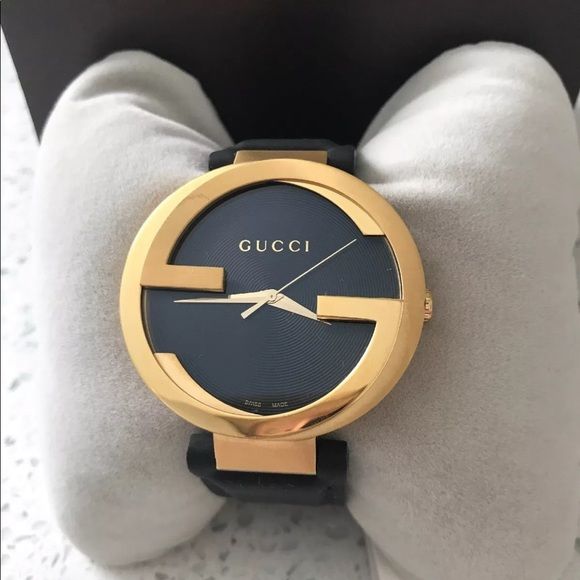 Gucci Interlocking G Gold Black Dial Black Leather Strap Unisex Watch - YA133326 Watches Gucci   