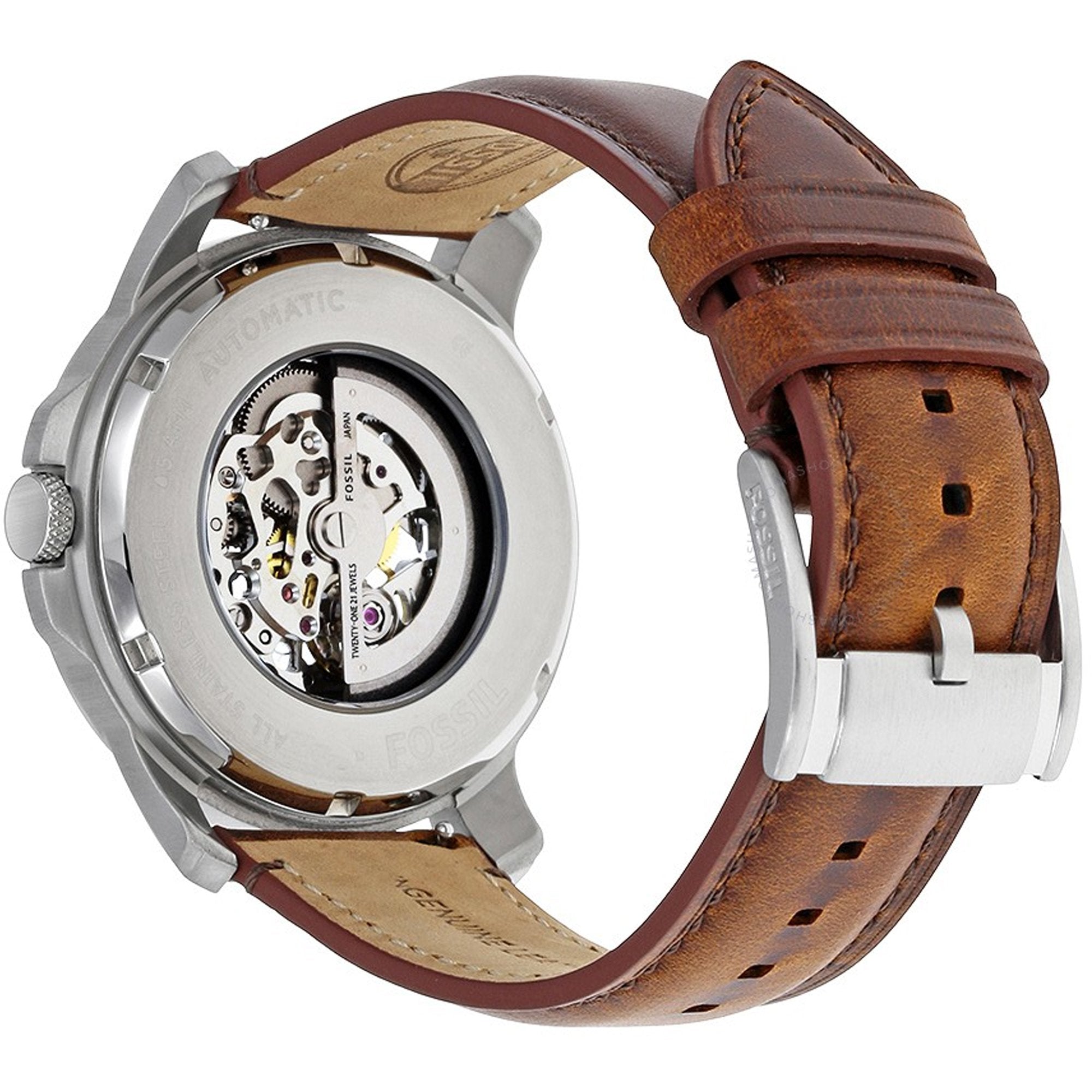 Fossil Grant Automatic Beige Skeleton Dial Brown Leather Strap Watch for Men - ME3099 Watches Fossil   