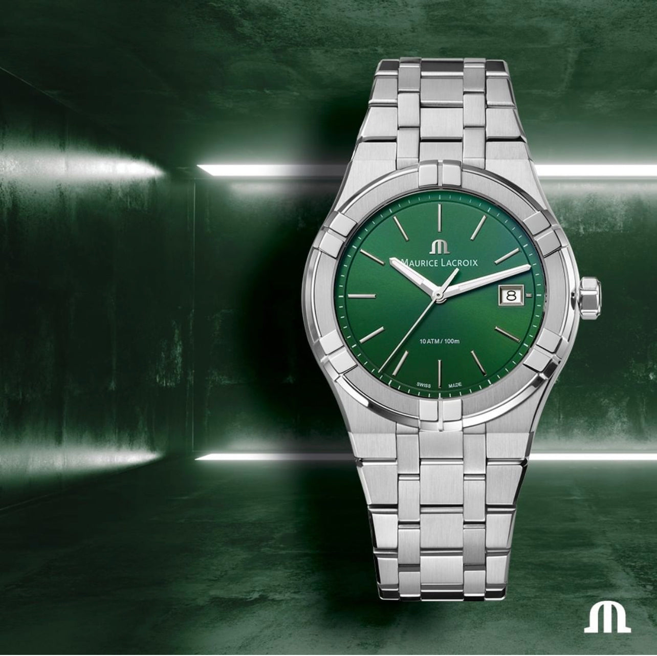 Maurice Lacroix Aikon Date Quartz Green Dial Silver Steel Strap Watch for Men - AI1108-SS002-630-1 Watches Maurice Lacroix   