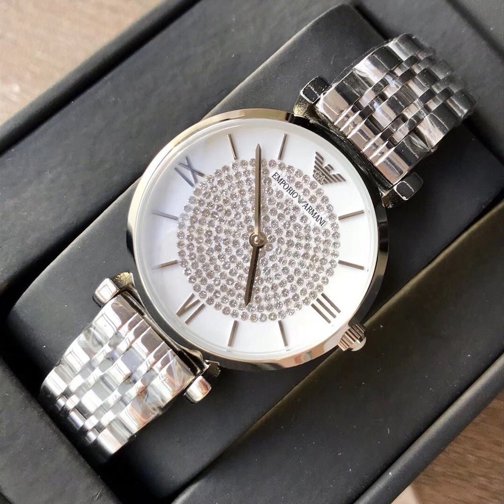 Emporio Armani Gianni T Bar White Crystal Pave Dial Silver Stainless Steel Strap Watch For Women - AR1925 Watches Emporio Armani   