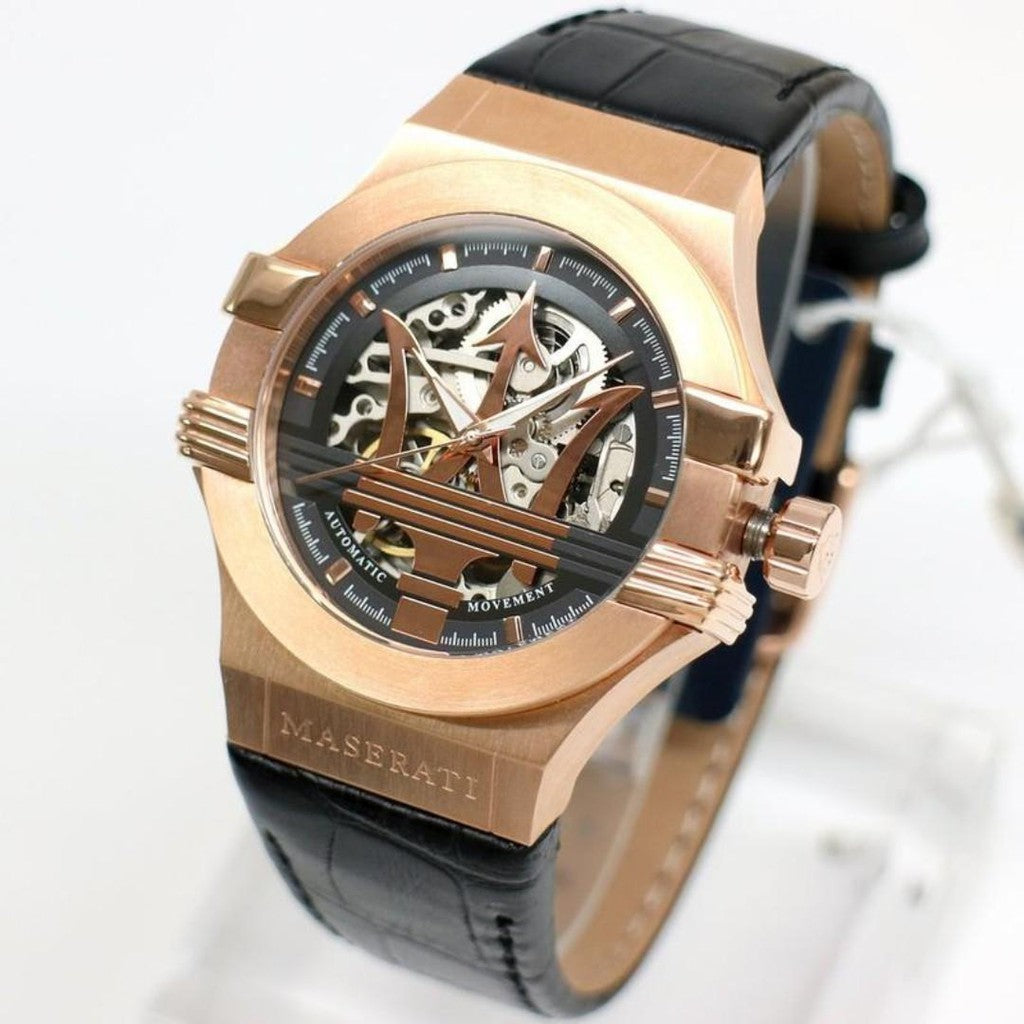 Maserati Potenza Automatic Rose Gold Dial Black Leather Strap Watch For Men - R8821108002 Watches Maserati   