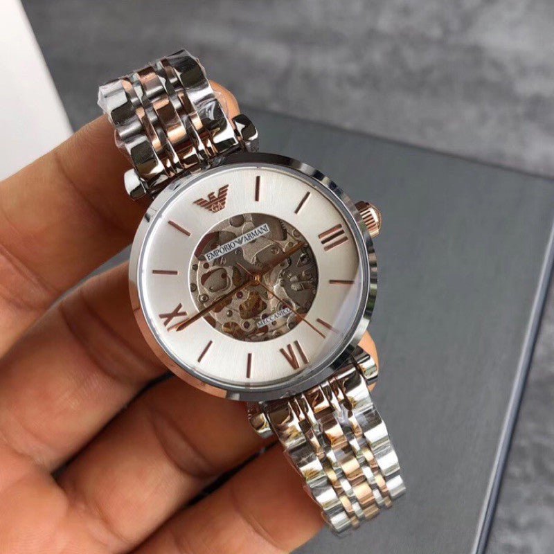 Emporio Armani Gianni T Bar Silver Skeleton Dial Two Tone Strap Watch For Women - AR1992 Watches Emporio Armani   