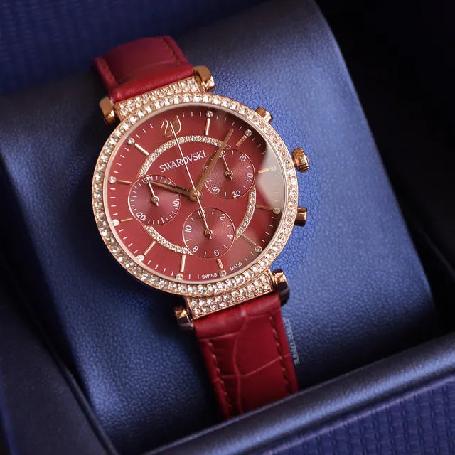 Swarovski Passage Chrono Red Dial Red Leather Strap Watch for Women - 5580345 Watches Swarovski   