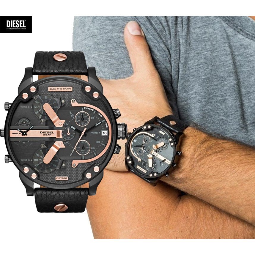 Diesel Mr Daddy 2.0 Black Dial Black Leather Strap Watch For Men - DZ7350 Watches Diesel   